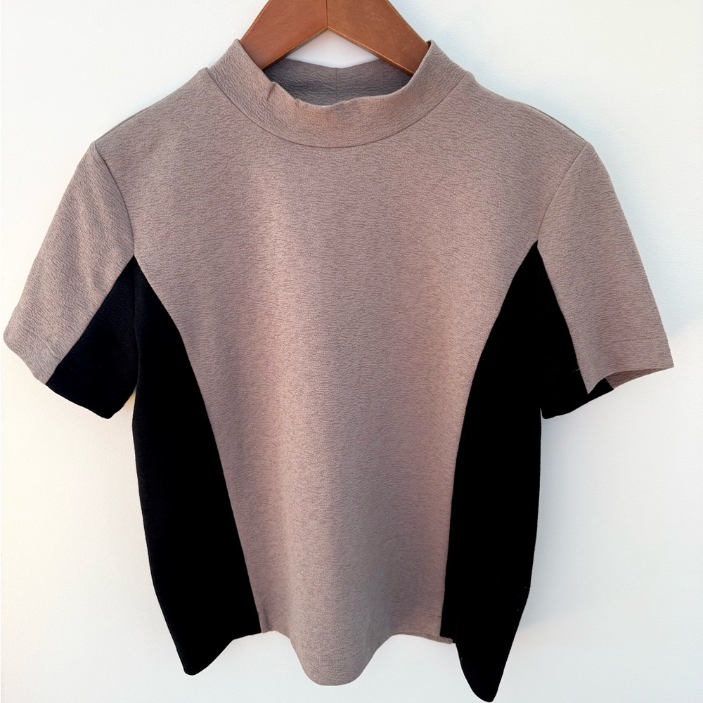 Zara Women Top MOCK NECK Blouse Short Sleeve Tee Shirt Beige & Black Size S